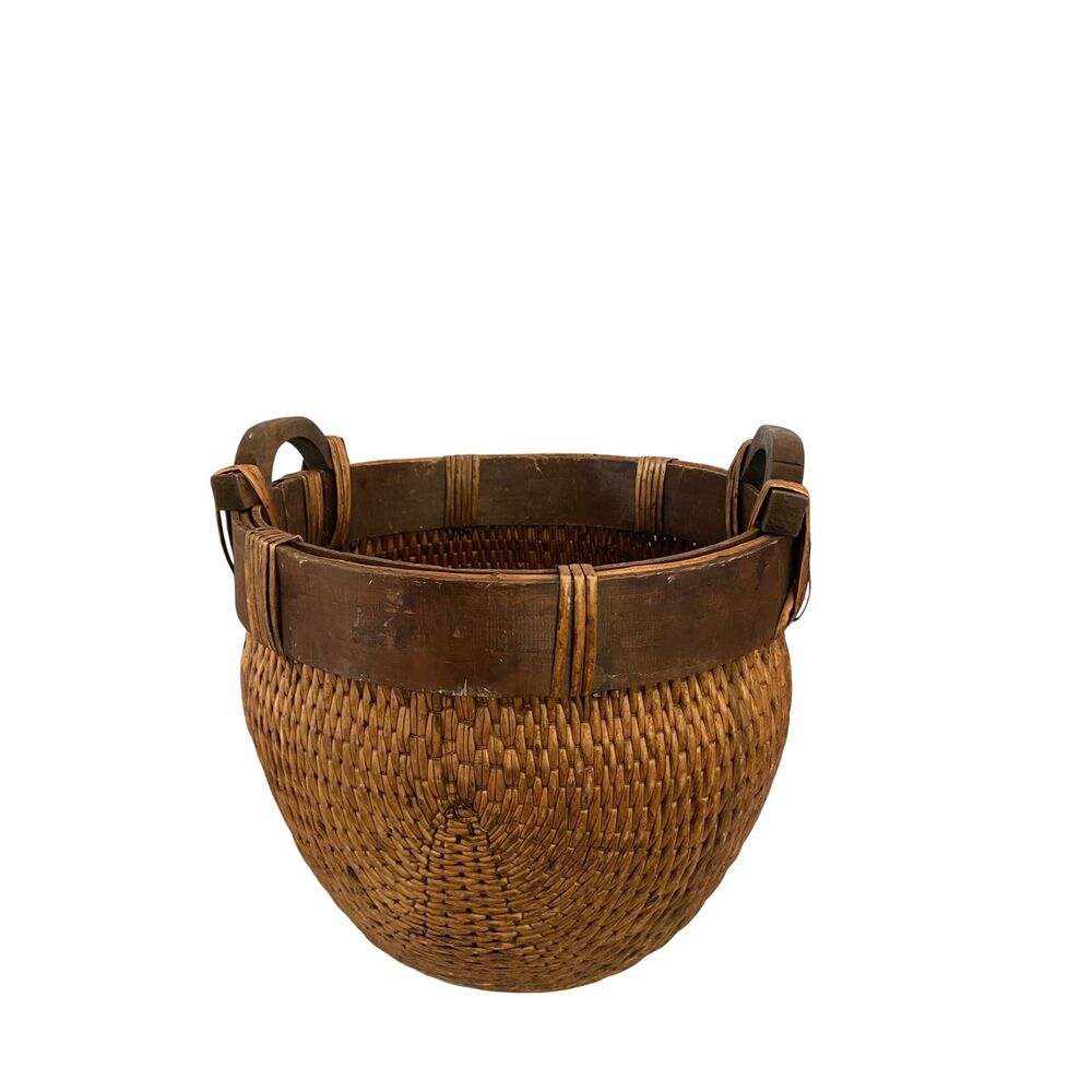Chinese Woven Willow Rice Basket w/ 2 Wood Hand Carved Handles 19th Century - Picture 7 of 11